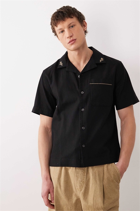 Трикотажная рубашка с короткими рукавами из смеси хлопка и льна артикул 155638805