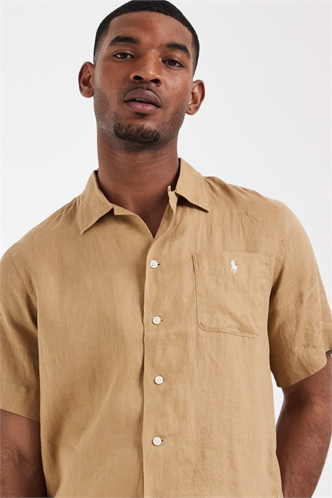 Рубашка из льна с коротким рукавом и логотипом артикул 154032177