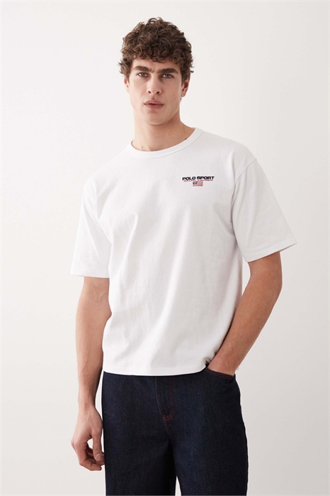 Футболка свободного кроя из плотной ткани с логотипом в виде небольшого спортивного флажка артикул 154008368