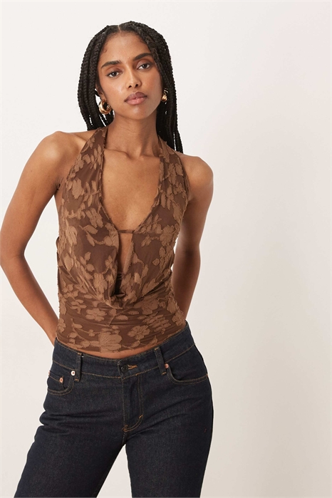 Топ с глубоким вырезом и завязками за шеей из сетчатой ткани с цветочным принтом от Yukari артикул 154036028