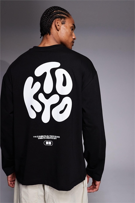 Футболка свободного кроя с длинными рукавами и надписью «Kyoto» в стиле «бабл» артикул 155334790