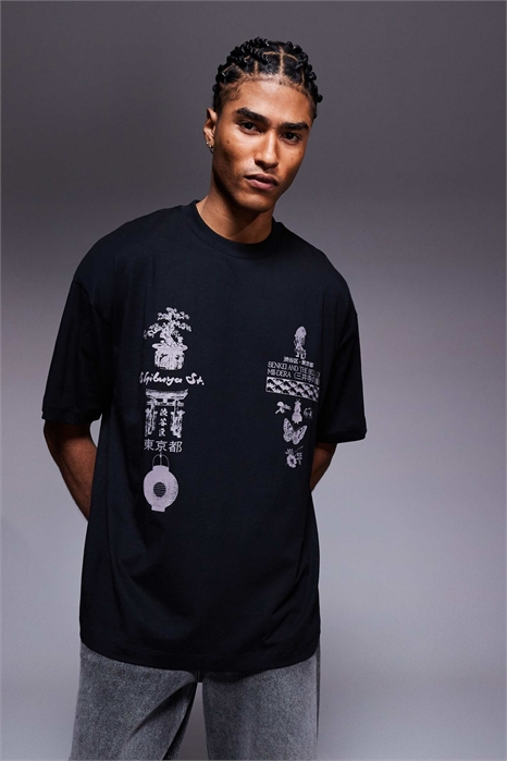 Футболка свободного кроя с многослойным принтом артикул 148450406