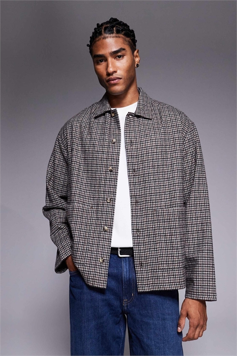 Рубашка свободного кроя из смешанной шерсти с мелким клетчатым узором артикул 149275469