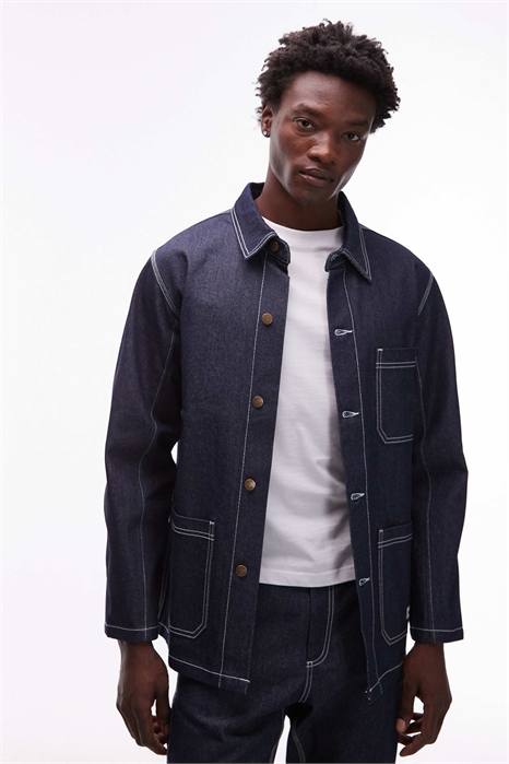 Джинсовая рубашка свободного кроя на пуговицах с контрастной отстрочкой артикул 150178276