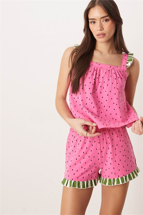 Комплект из жилета-свинг с оборками в горошек и коротких пижамных шорт артикул 153021034