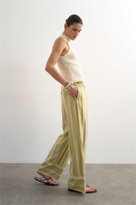 Прямые брюки из льна с разноцветными полосками артикул 150832509