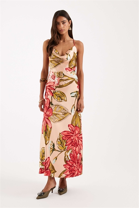 Атласное платье средней длины с воротником-капюшоном и цветочным принтом артикул 155394047