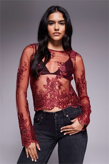 Топ с длинными рукавами, вышитый, из прозрачной ткани с волнистым краем артикул 148295337