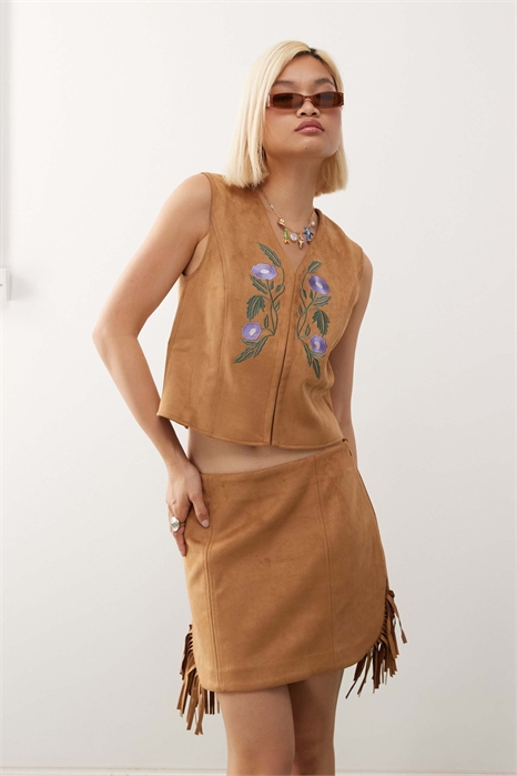 Мини-юбка из искусственной замши с бахромой артикул 144016562