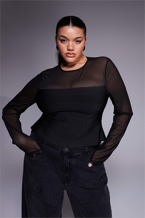 Топ с длинными рукавами из сетчатой ткани с бандажными вставками от ASOS DESIGN Curve артикул 150198464