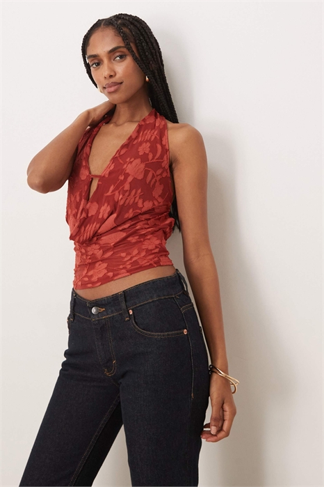 Топ с глубоким вырезом и завязками за шеей из сетчатой ткани с цветочным принтом от Yukari артикул 154036033