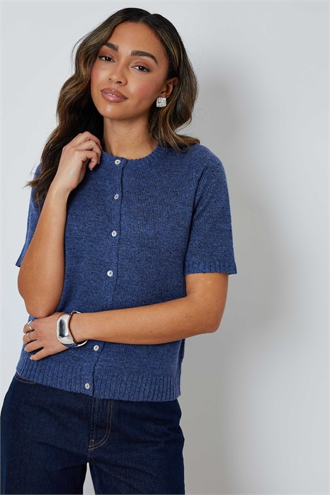 Вязаный кардиган с круглым вырезом и короткими рукавами артикул 155448170