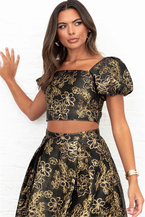 Топ-кроп с квадратным вырезом, буффами и цветочным жаккардовым принтом артикул 152718224