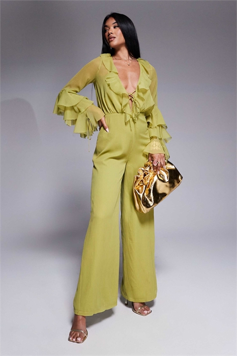 Комбинезон с длинными рукавами, оборками и завязками артикул 139953195