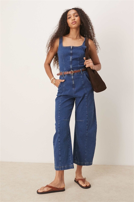 Джинсовый комбинезон с квадратным вырезом и широкими брючинами цвета индиго артикул 147970423