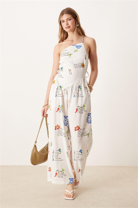 Льняной комбинезон с одним плечом и открытой спиной, с принтом, вызывающим разговор артикул 143081834