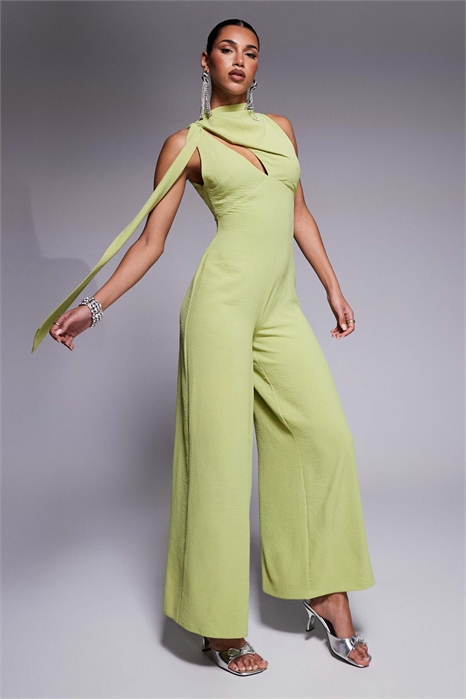 Комбинезон с драпированным воротником и широкими брючинами, украшенный завязками артикул 139733104