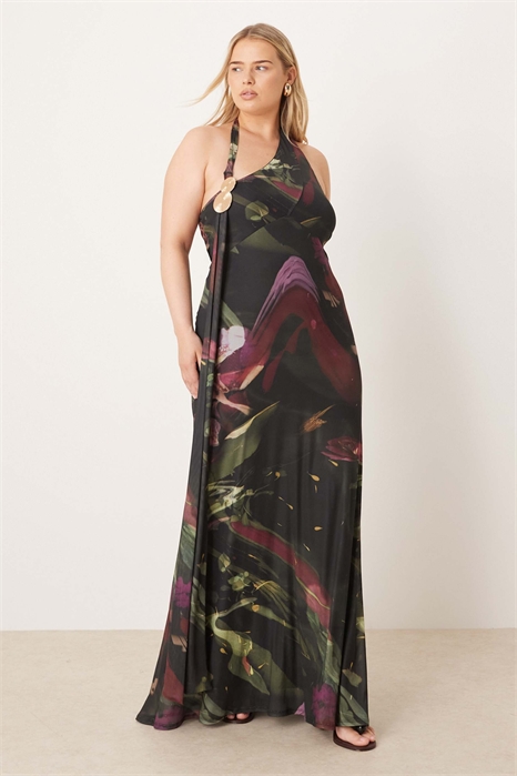 ASOS DESIGN: макси-платье с драпированным воротником-шарфом из сетчатой ткани с принтом и золотыми аксессуарами артикул 150389972