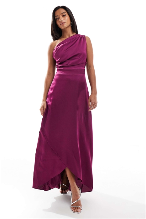 Макси-платье для подружки невесты из атласа с одним плечом и юбкой-парео артикул 150150126