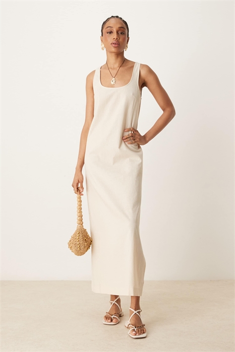 ASOS DESIGN: хлопково-льняное платье средней длины с высоким вырезом артикул 146739640