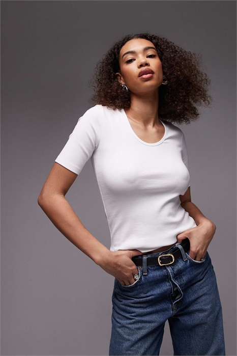 Футболка из трикотажа с ребристой отделкой и круглым вырезом артикул 143964369