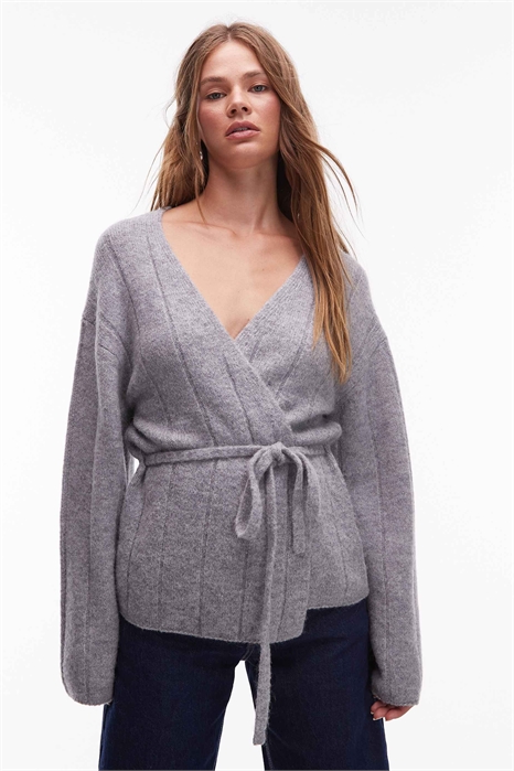 Кардиган из альпаки и шерсти с широкой ребристой вязкой и поясом на талии артикул 150204977