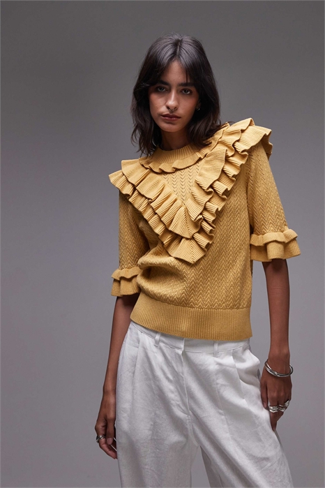 Вязаный свитер с ажурной вязкой и оборками артикул 148306100