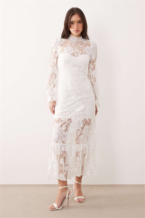 Макси-платье с высоким воротником, кружевом и длинными рукавами артикул 153577363