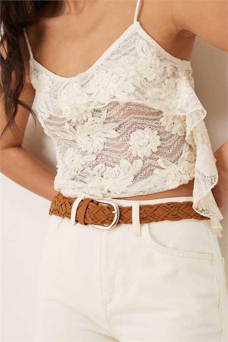 Джинсы с поясом и на бедрах из искусственной замши с плетеным ремнем артикул 142509055