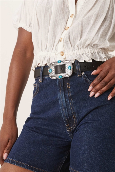 Пояс с западной пряжкой, украшенный бирюзой, на талии и бедрах, черного цвета артикул 142509064