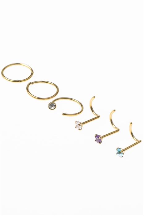 Набор из 6 позолоченных сережек-гвоздиков для носа из хирургической стали с пастельными стразами артикул 149976295