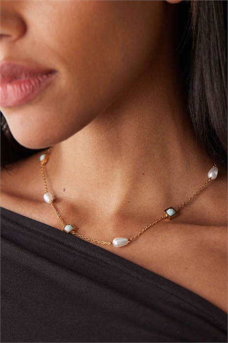 Ожерелье из нержавеющей стали с голубым камнем и жемчужиной артикул 154177757