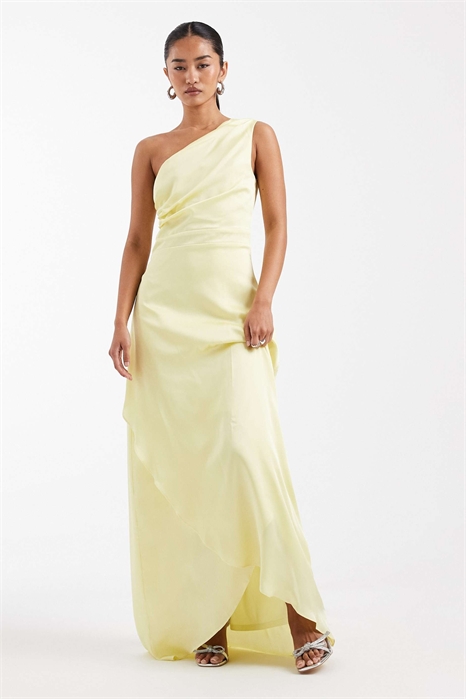 Макси-платье для подружки невесты из атласа с одним плечом и юбкой-парео артикул 153113231