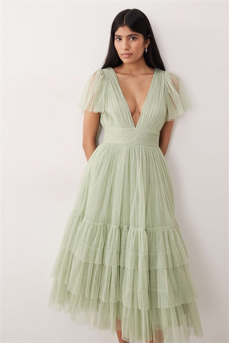 Платье средней длины из тюля с V-образным вырезом для подружки невесты артикул 152319623