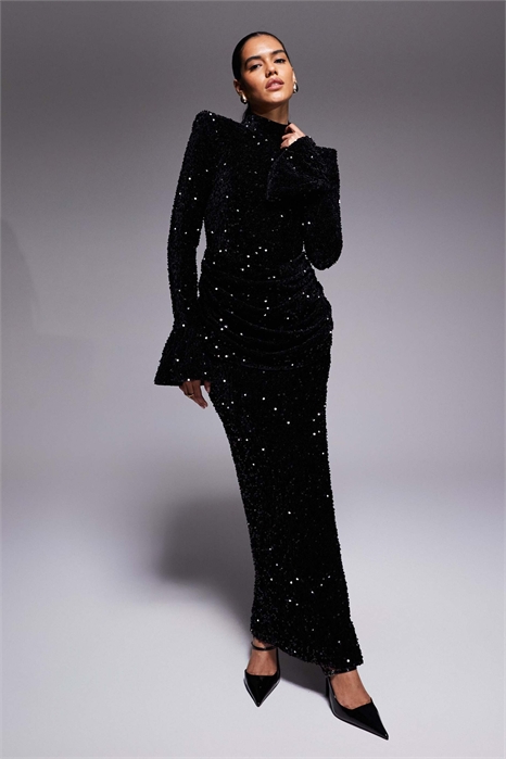 Бархатное макси-платье с пайетками и драпировкой на талии артикул 149432221