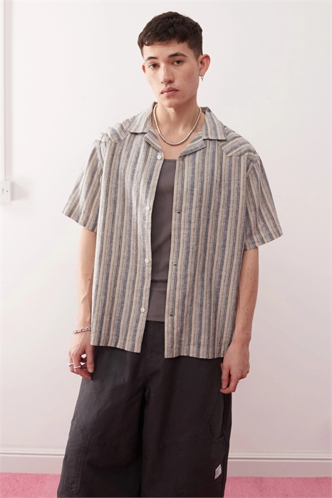 Рубашка свободного кроя из смесовой ткани (лен и хлопок) с курортным принтом в полоску артикул 141821738