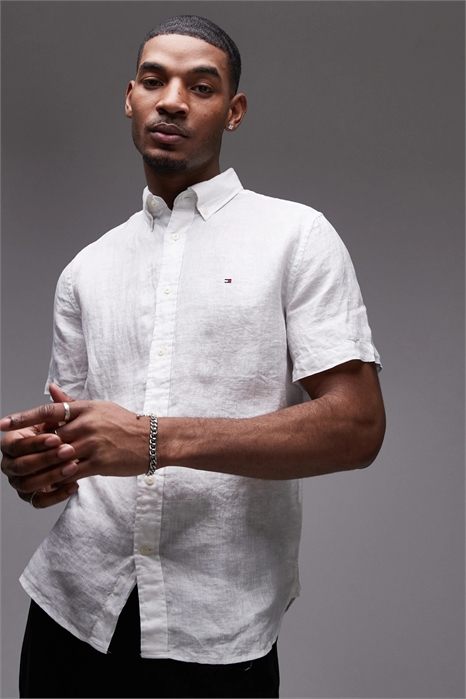 Льняная рубашка с короткими рукавами артикул 140892044