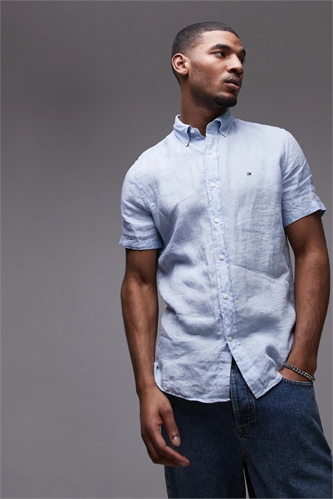 Льняная рубашка с короткими рукавами артикул 140892043