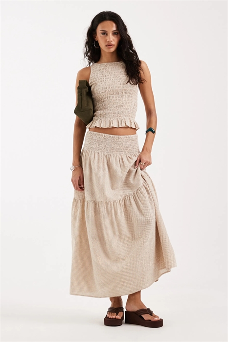Юбка макси из ткани «сирсакер» в клетку артикул 154134406
