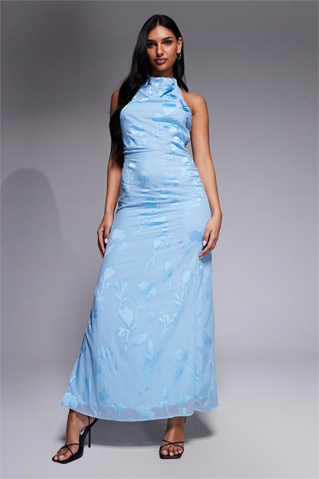 Макси-платье с высоким воротником-капюшоном из ткани девур и разрезом на спине артикул 154032733