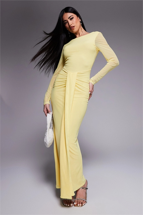 Макси-платье из сетчатого материала с длинными рукавами, V-образным вырезом, открытой спиной и поясом артикул 143441276