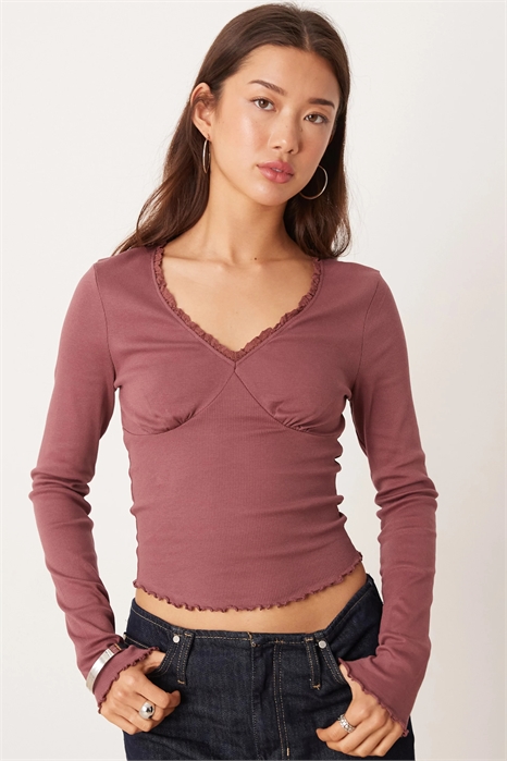 Футболка с V-образным вырезом, длинными рукавами и кружевной отделкой артикул 150698481