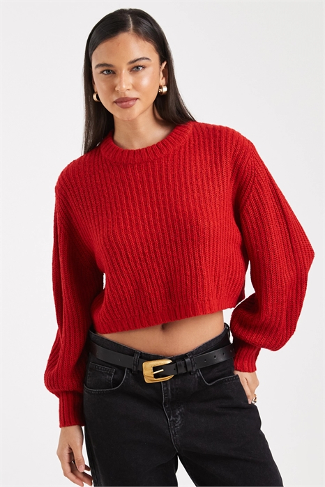 Короткий свитер с ребристой вязкой и круглым вырезом артикул 151058170