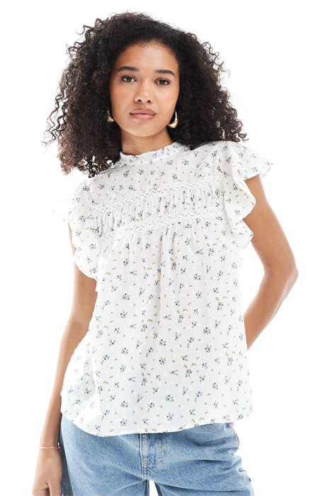 Топ с высоким воротником, рукавами-крылышками и вышивкой артикул 149930065