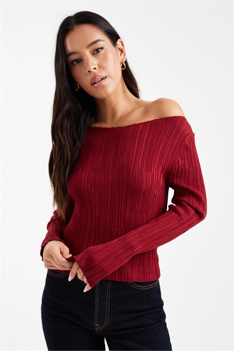 Свитер с ребристой отделкой, косым вырезом и длинными рукавами артикул 152941959