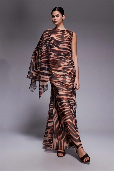 Макси-платье с многослойными рукавами и драпированной юбкой артикул 153082578