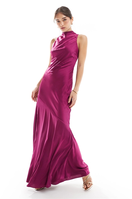 Асимметричное атласное макси-платье с высоким воротником для подружки невесты артикул 147195937