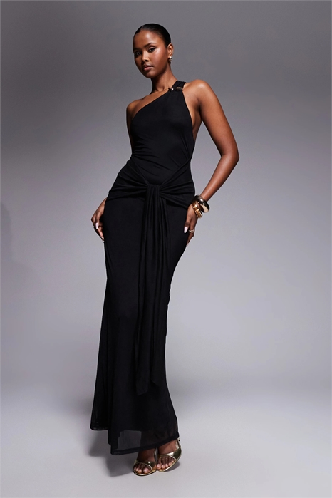 Макси-платье из сетчатого материала с одним плечом и драпированной завязкой спереди артикул 149553544