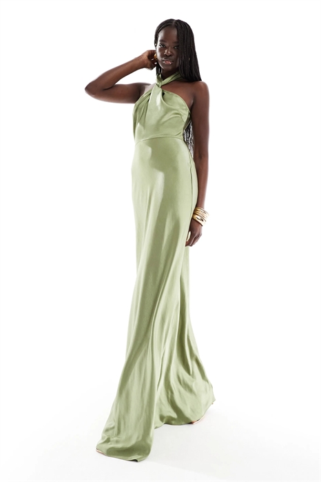 Атласное макси-платье с завязками на шее для подружки невесты артикул 146850341