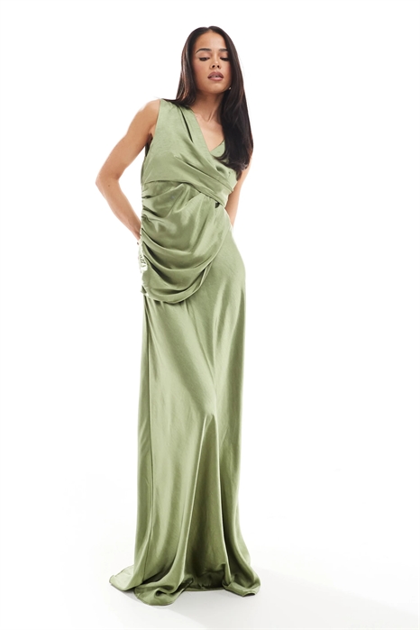 Макси-платье из атласа с драпировкой и накладкой для подружки невесты артикул 141108031